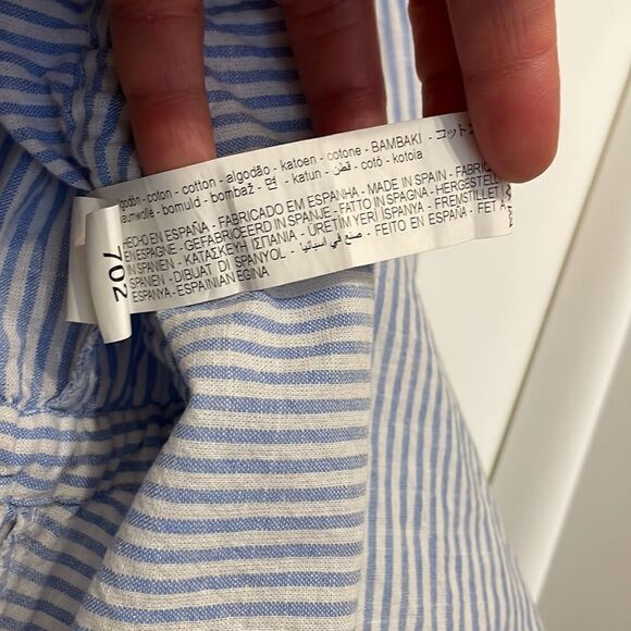 Zara Light Blue & White Striped Asymmetrical Hem Bell Sleeve Top with drawstring - Picture 6 of 7